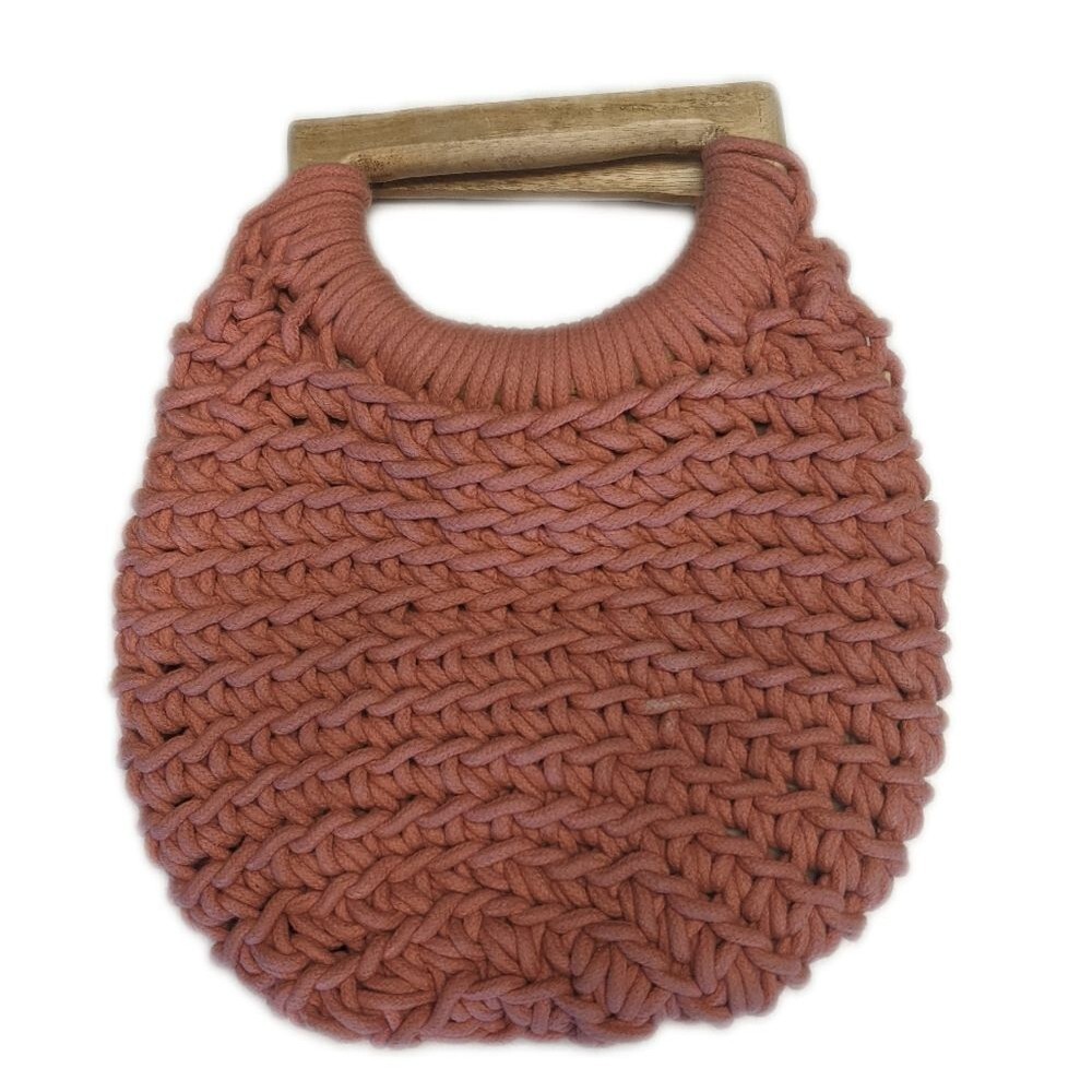 A New Day peach coral woven cotton purse handbag w/ wooden handles 9"x11"